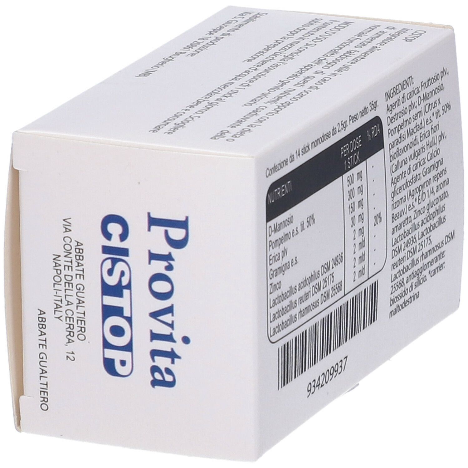 Scatola Provita Cistop Monodose. Contiene 14 stick. Informazioni nutrizionali e ingredienti. Scritte: D-Mannosio, GSE, Erica, Zinco, Lactobacilli, Rhamnosus, Acidophilus.