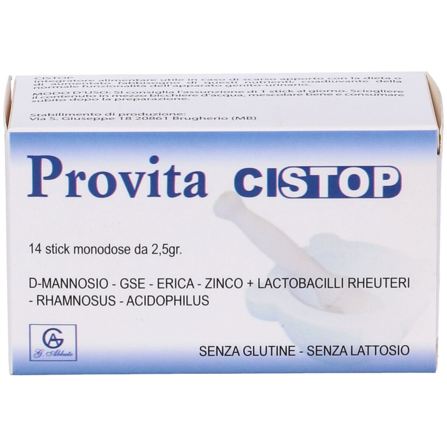 Scatola Provita Cistop Monodose. Contiene 14 stick. Scritte: D-Mannosio, GSE, Erica, Zinco, Lactobacilli, Rhamnosus, Acidophilus. Senza glutine, senza lattosio.