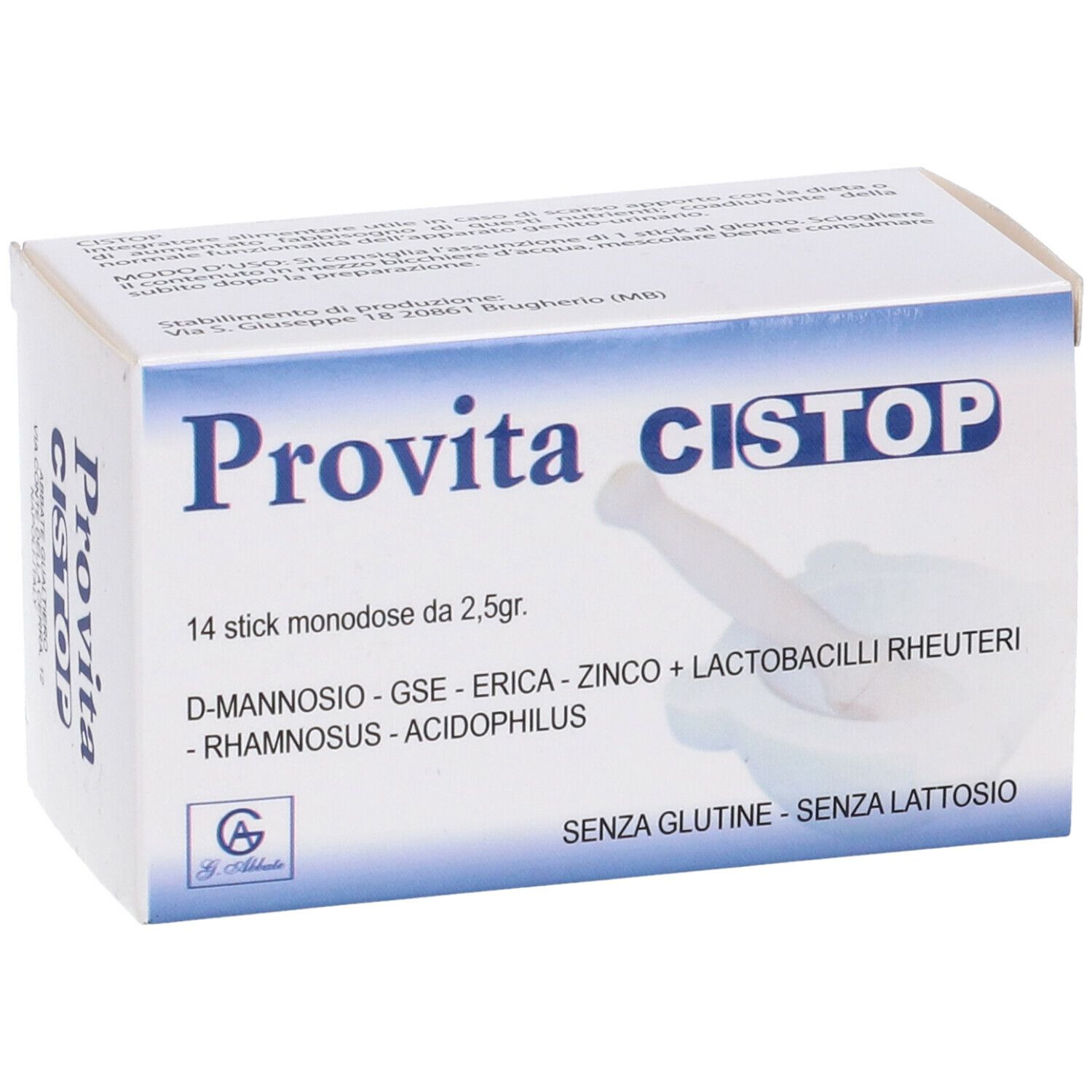 Scatola Provita Cistop Monodose. Contiene 14 stick. Scritte: D-Mannosio, GSE, Erica, Zinco, Lactobacilli, Rhamnosus, Acidophilus. Senza glutine, senza lattosio.