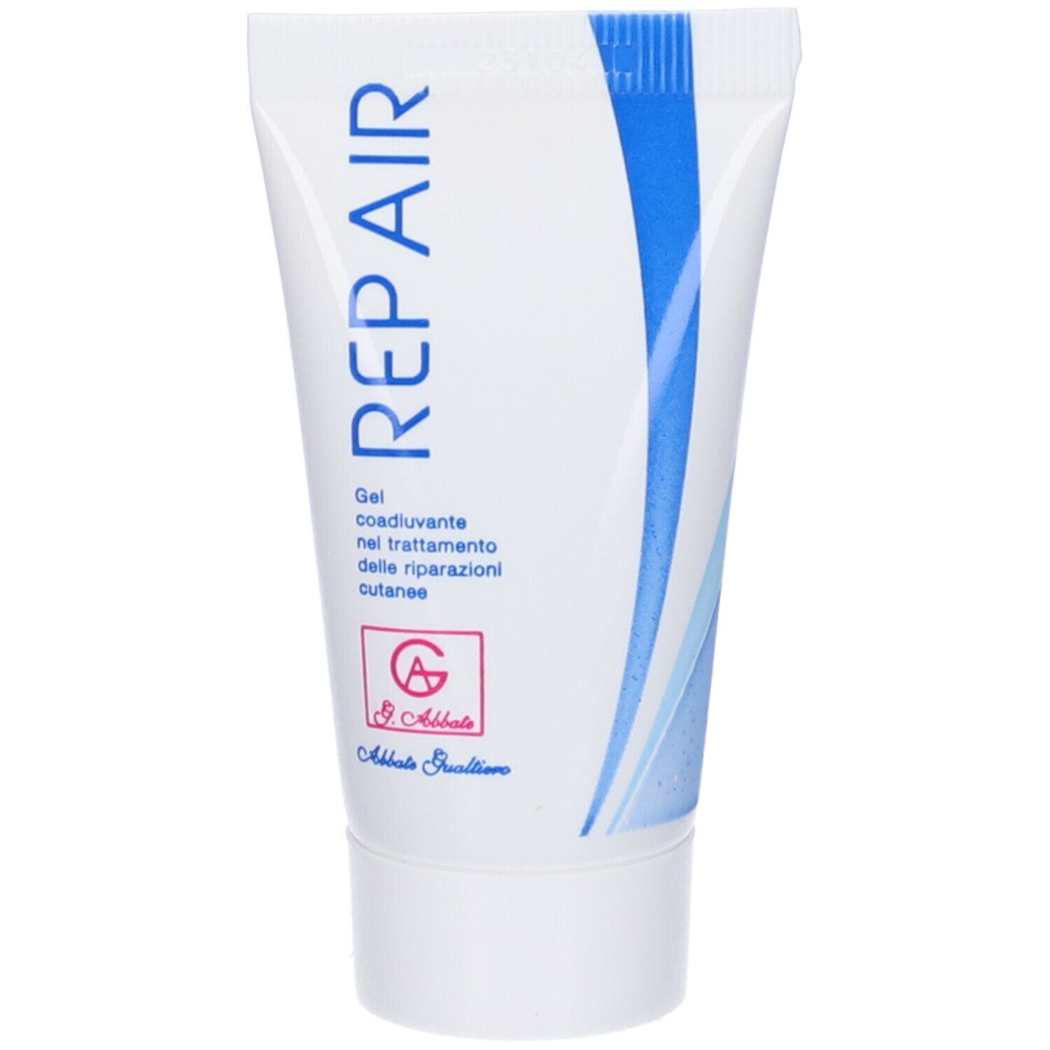 Tubo bianco con scritta blu "REPAIR". Gel per la pelle. Logo in basso a sinistra.
