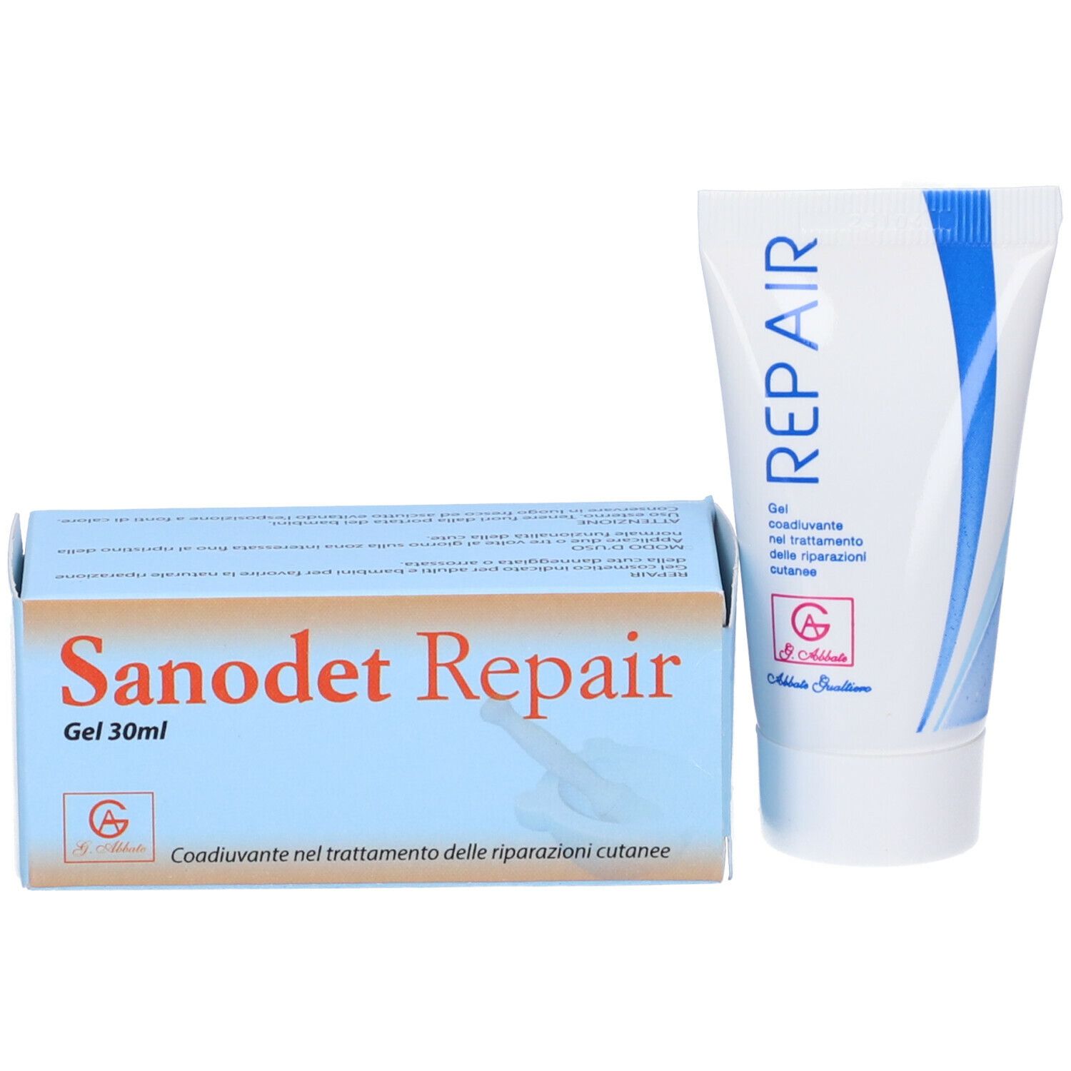 Confezione e tubo del prodotto. Sulla confezione c'è scritto "Sanodet Repair Gel".