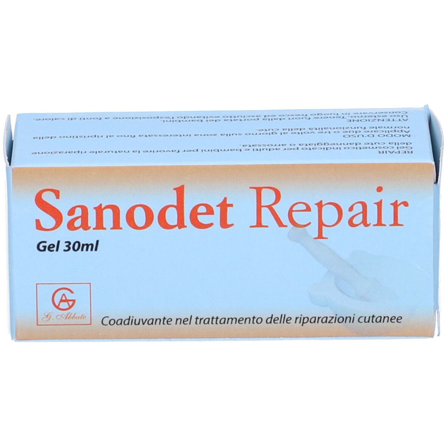 Confezione azzurra con scritta rossa "Sanodet Repair Gel". 30ml.