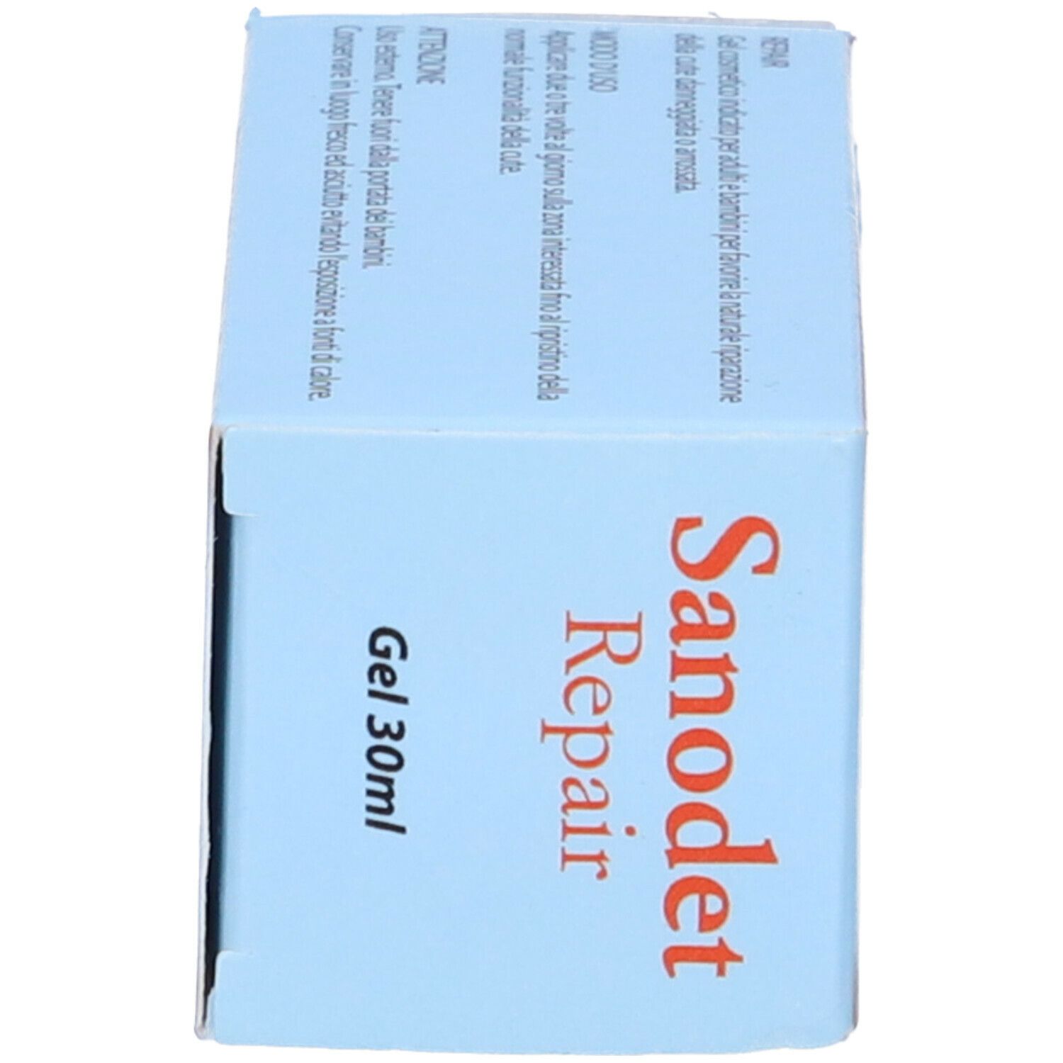 Confezione azzurra con scritta rossa "Sanodet Repair Gel". 30ml.
