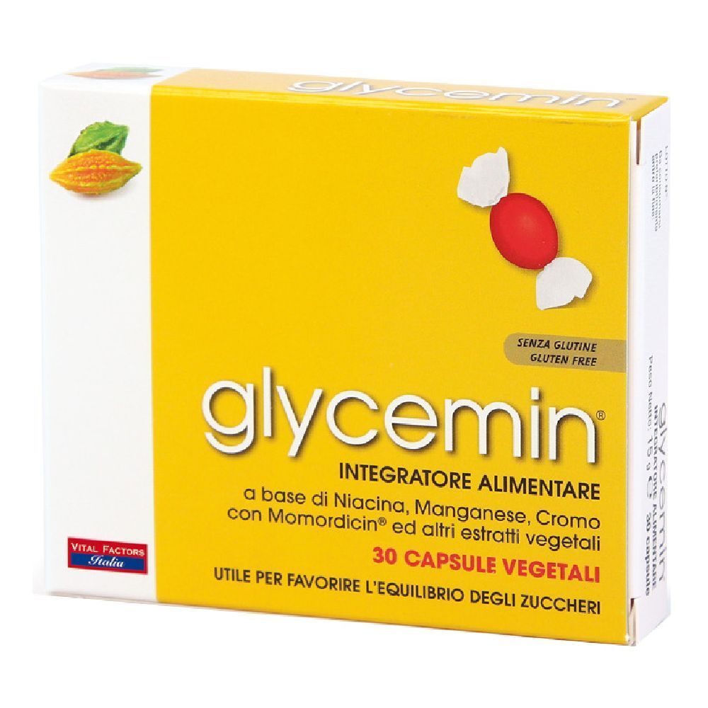 Scatola gialla con logo "glycemin" e informazioni sul prodotto. Contiene 30 capsule vegetali. Senza glutine.