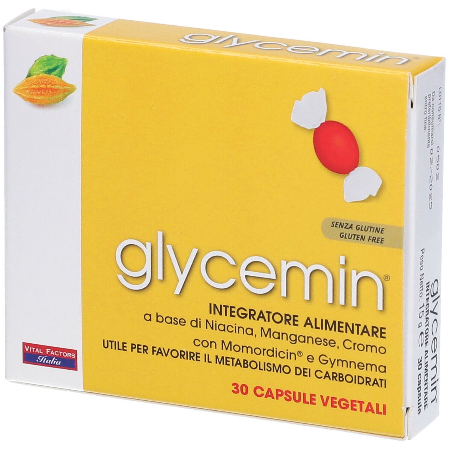 Scatola gialla con logo "glycemin" e informazioni sul prodotto. Contiene 30 capsule vegetali. Senza glutine.