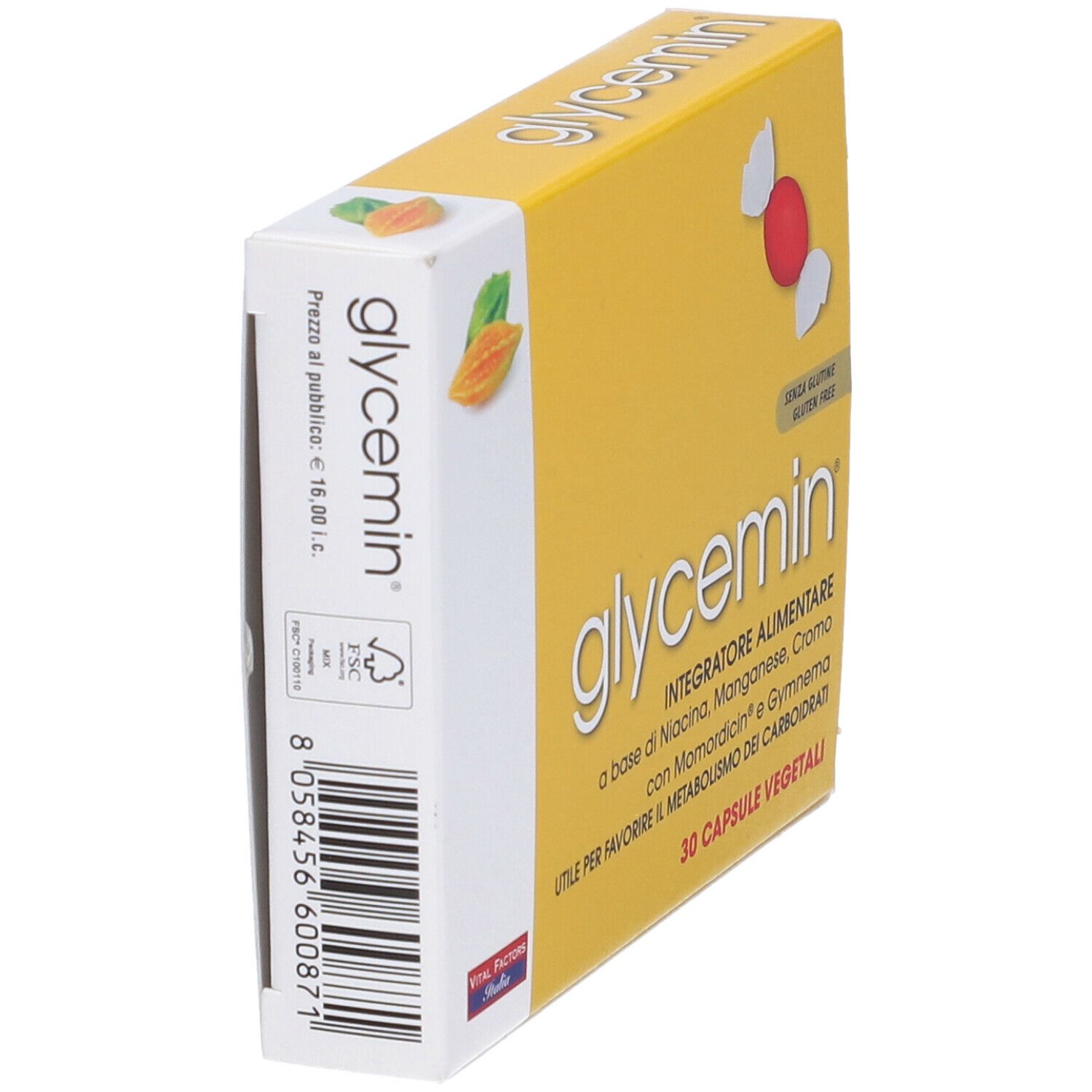Scatola "glycemin" gialla e bianca. Contiene 30 capsule vegetali. Senza glutine. Vista laterale con prezzo.