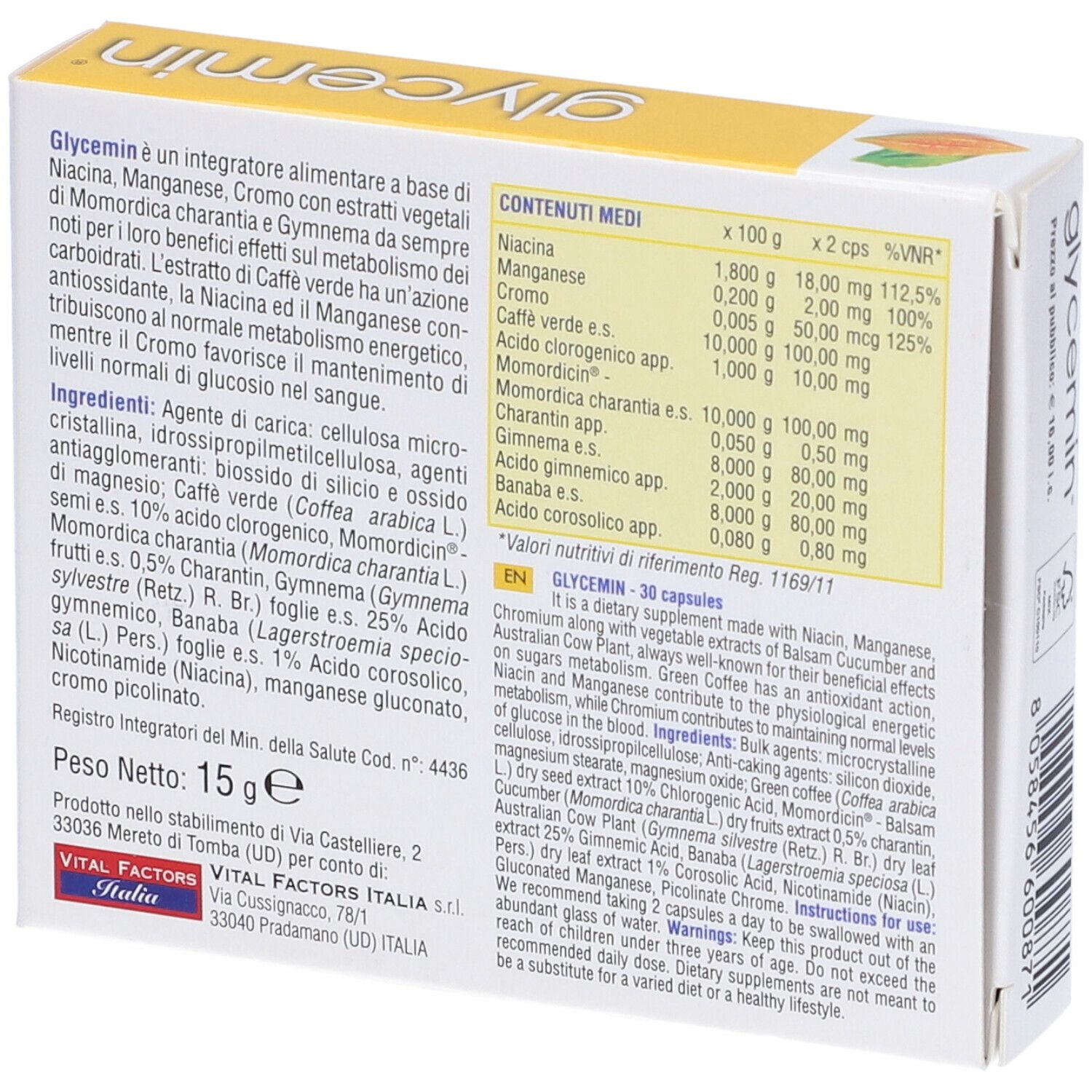 Retro della scatola "glycemin" con ingredienti e informazioni nutrizionali. Contiene 30 capsule.