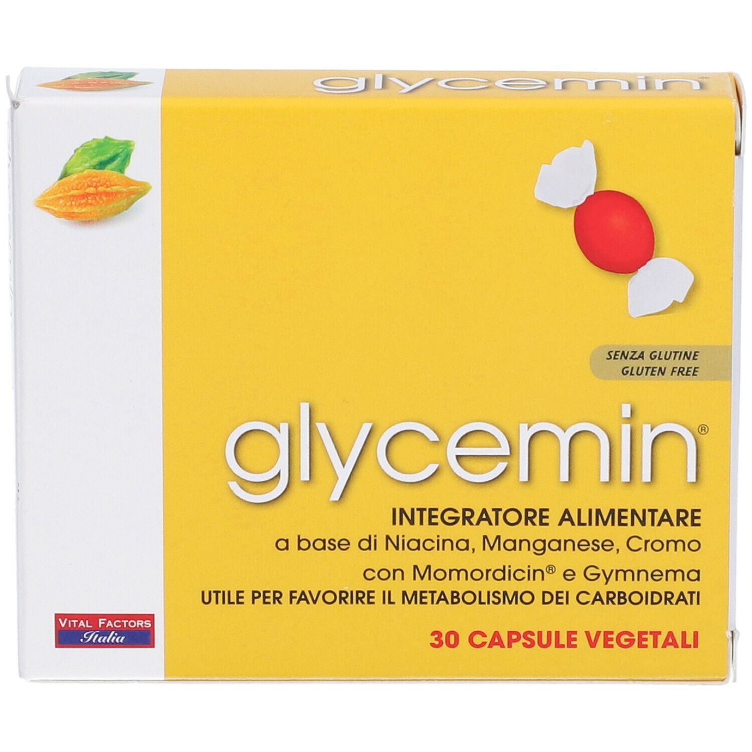 Scatola gialla con logo "glycemin" e informazioni sul prodotto. Contiene 30 capsule vegetali. Senza glutine.
