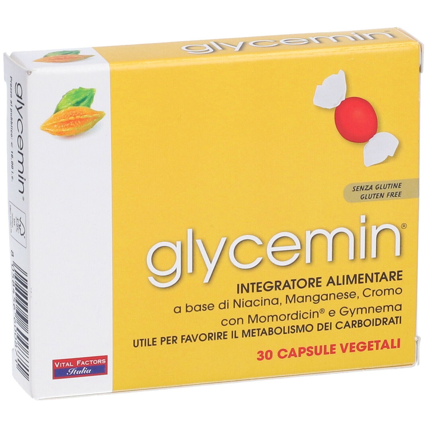 Scatola gialla con logo "glycemin" e informazioni sul prodotto. Contiene 30 capsule vegetali. Senza glutine.
