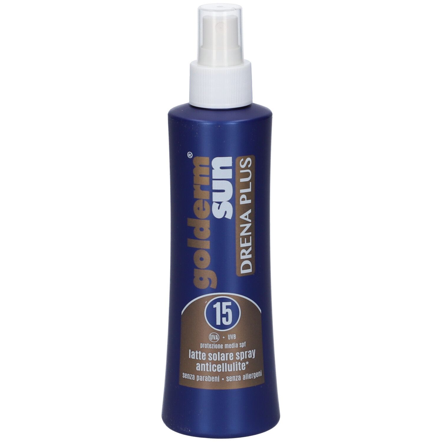 Flacone blu con erogatore spray. Scritta: Golderm Sun Drena Plus, SPF 15. Spray solare.