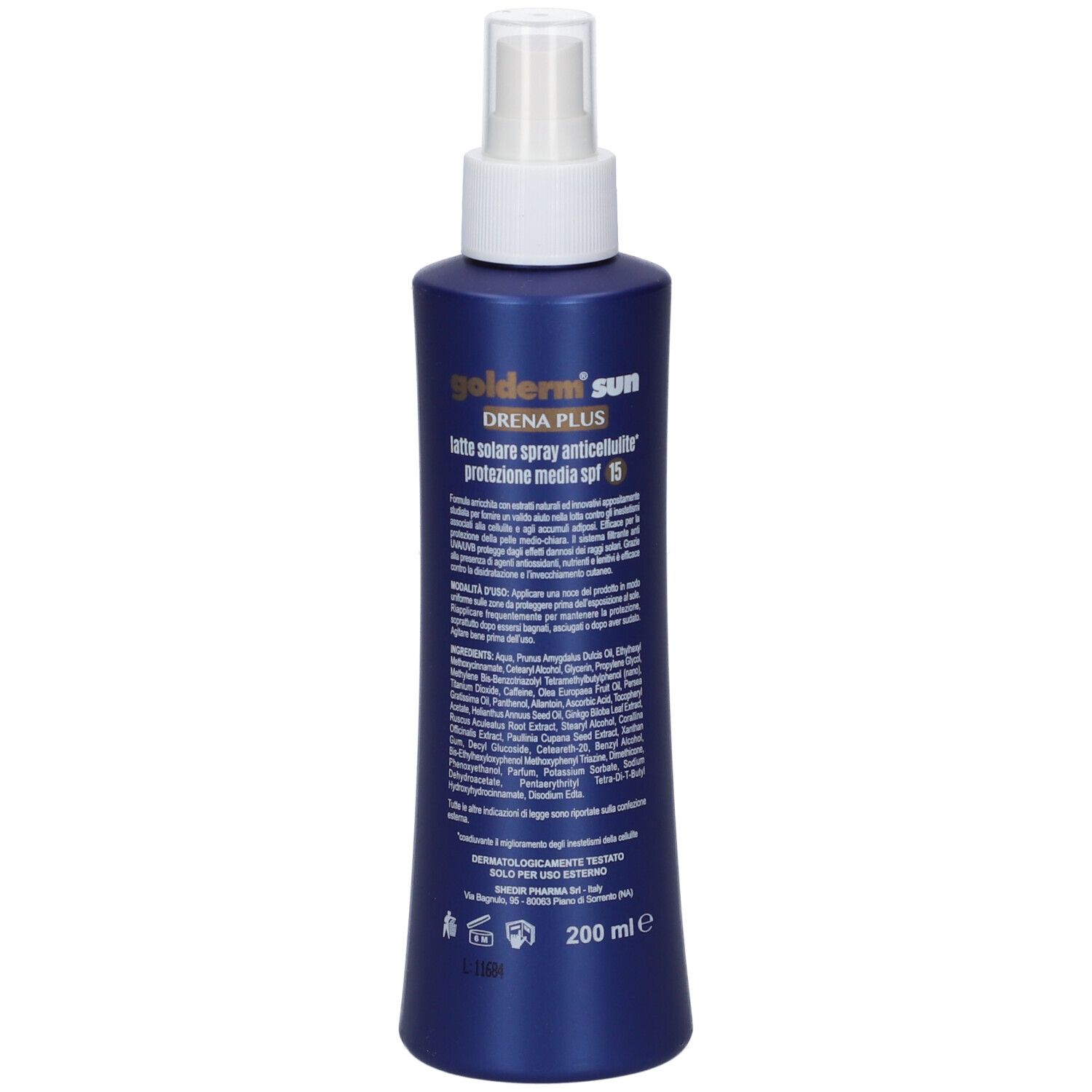 Flacone blu con erogatore spray. Scritta: Golderm Sun Drena Plus. Testo e ingredienti sul retro.