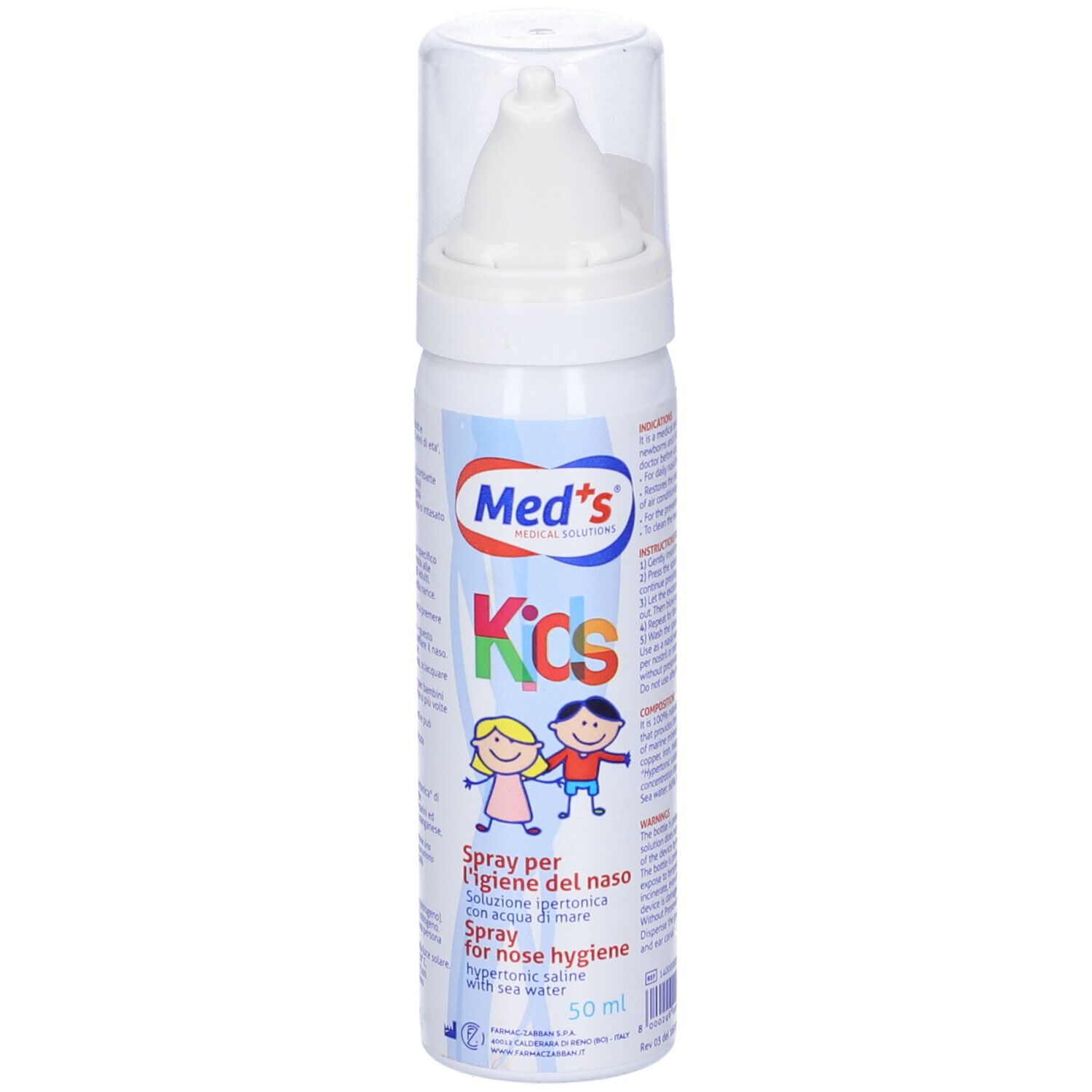 Flacone spray nasale bianco con testo blu e rosso. "Med's Kids" e illustrazione di bambini. Con erogatore e cappuccio protettivo.