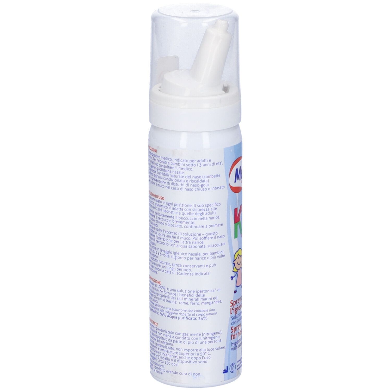 Flacone spray nasale bianco con testo. Retro con informazioni e istruzioni. Con erogatore e cappuccio protettivo.