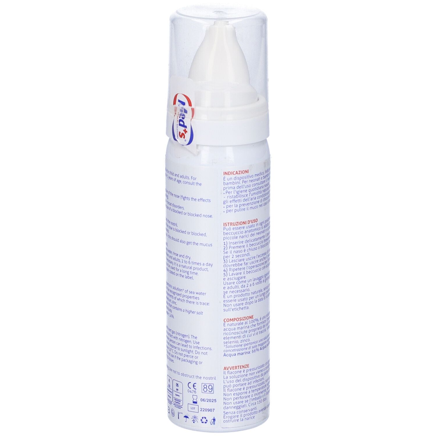 Flacone spray nasale bianco. Retro con informazioni e istruzioni. Con erogatore e cappuccio protettivo.
