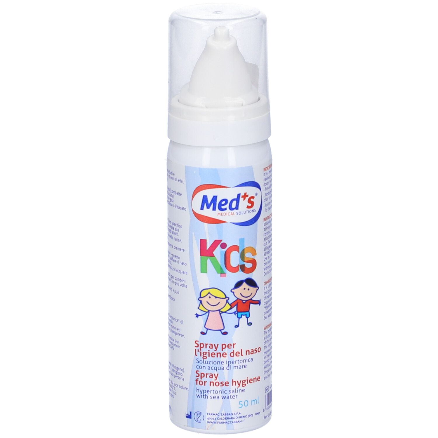 Flacone spray nasale bianco con testo blu e rosso. "Med's Kids" e illustrazione di bambini. Con erogatore e cappuccio protettivo.