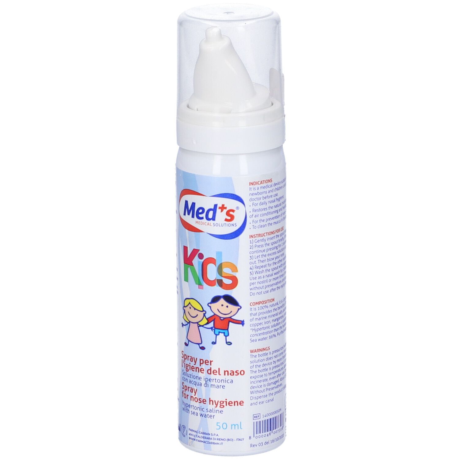 Flacone spray nasale bianco con testo blu e rosso. "Med's Kids" e illustrazione di bambini. Con erogatore e cappuccio protettivo.