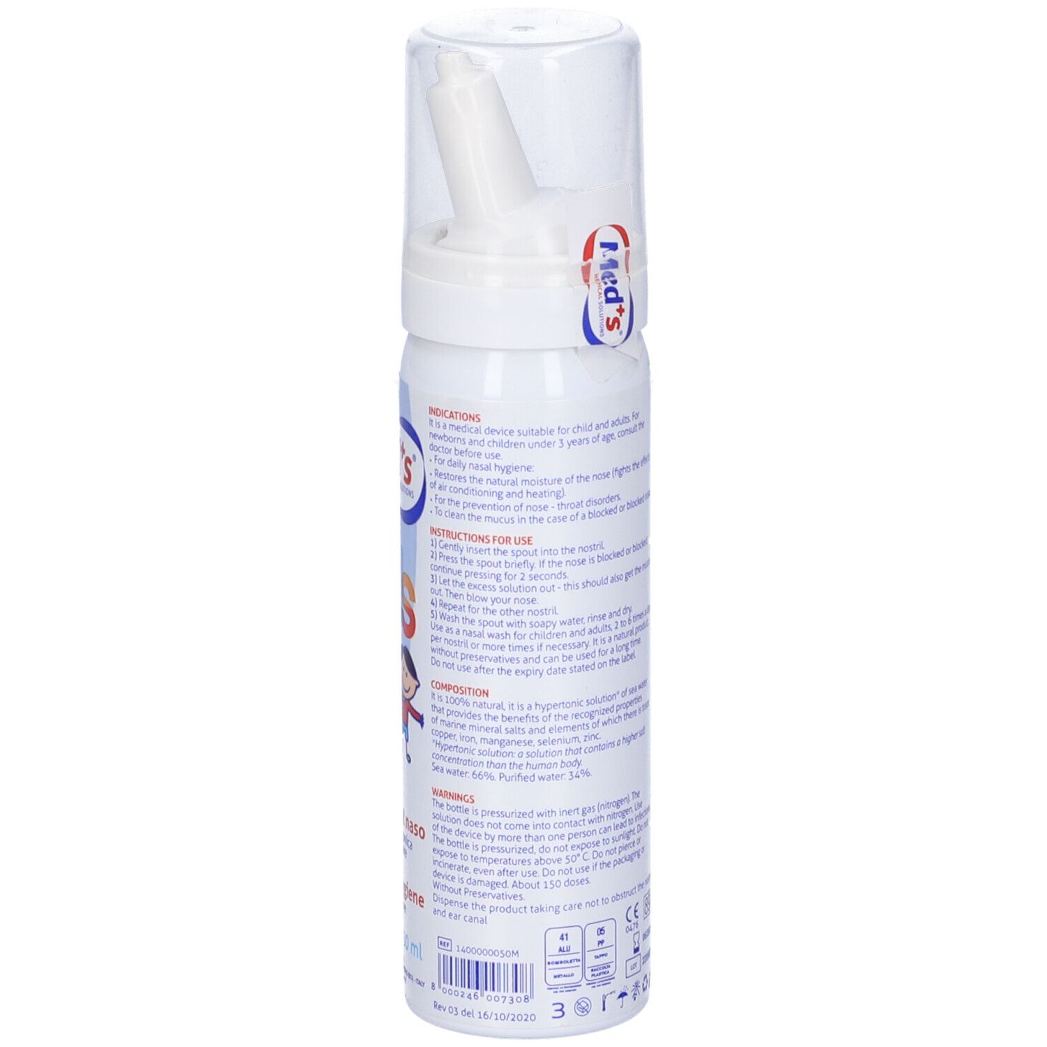 Flacone spray nasale bianco. Retro con informazioni e istruzioni. Con erogatore e cappuccio protettivo.