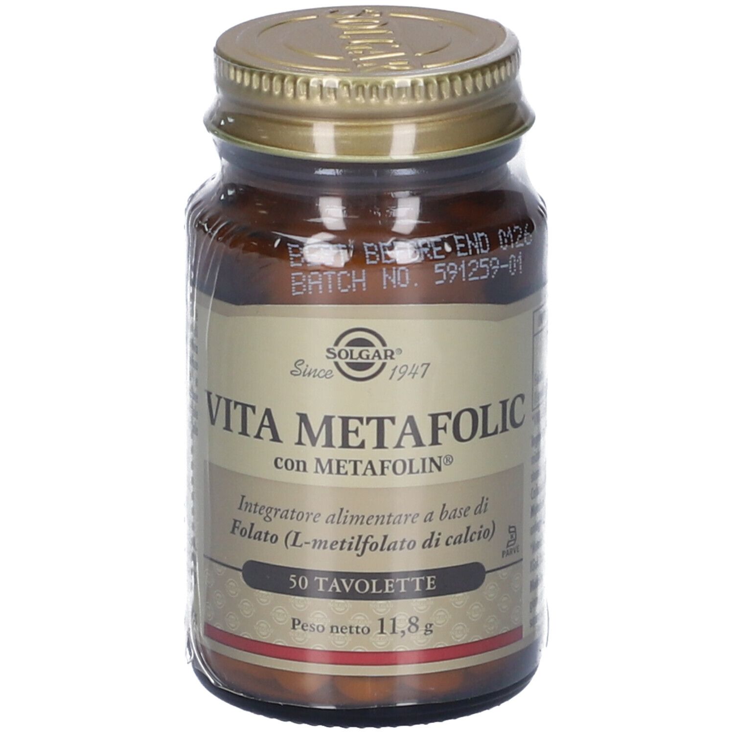 Flacone di vetro marrone con tappo dorato. Scritta: VITA METAFOLIC, 50 compresse. Confezione trasparente.