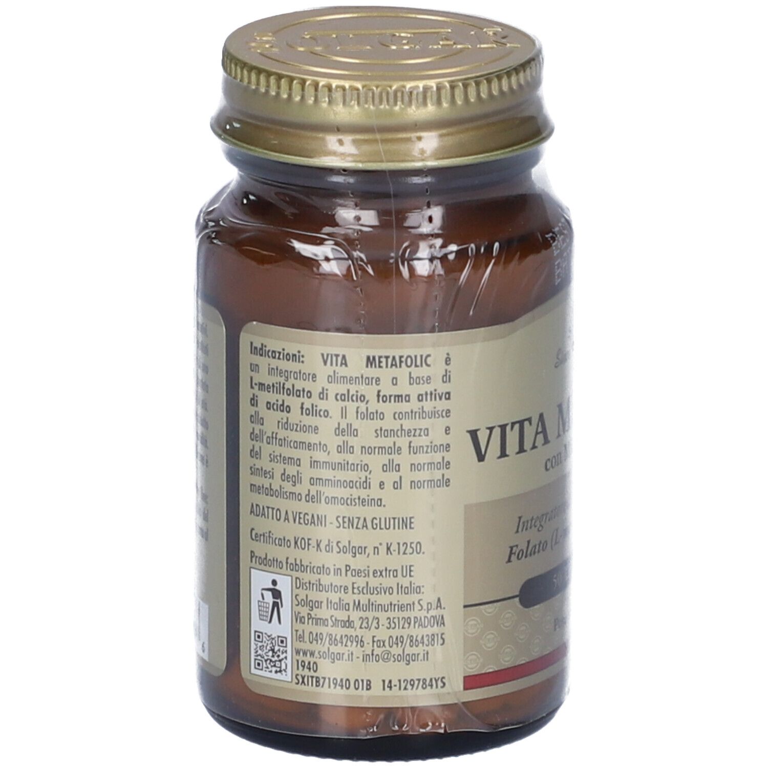 Retro di un flacone di vetro marrone con tappo dorato. Testo: VITA METAFOLIC, ingredienti, istruzioni. Certificazione vegana.