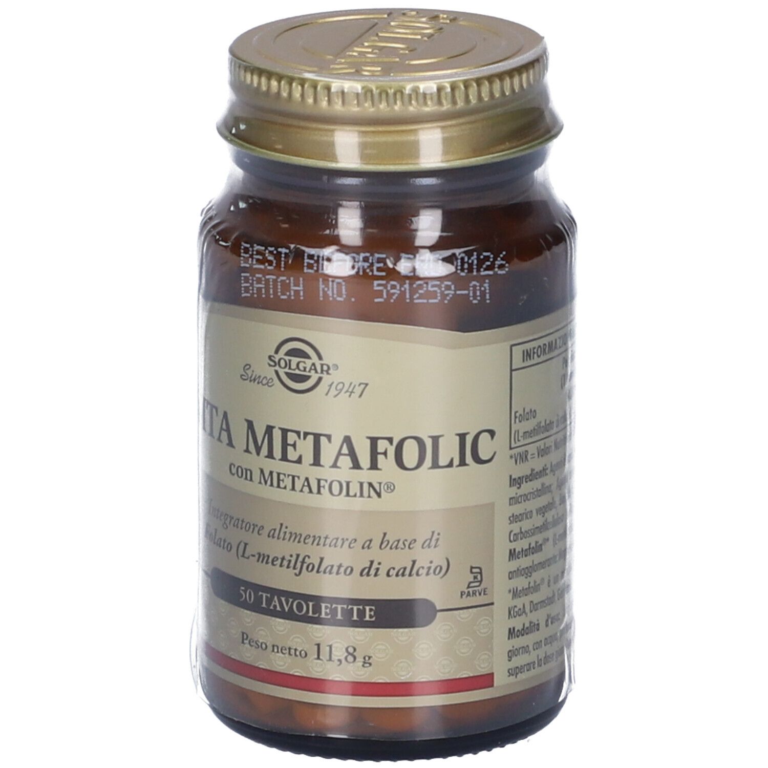 Flacone di vetro marrone con tappo dorato. Scritta: VITA METAFOLIC, 50 compresse. Confezione trasparente.