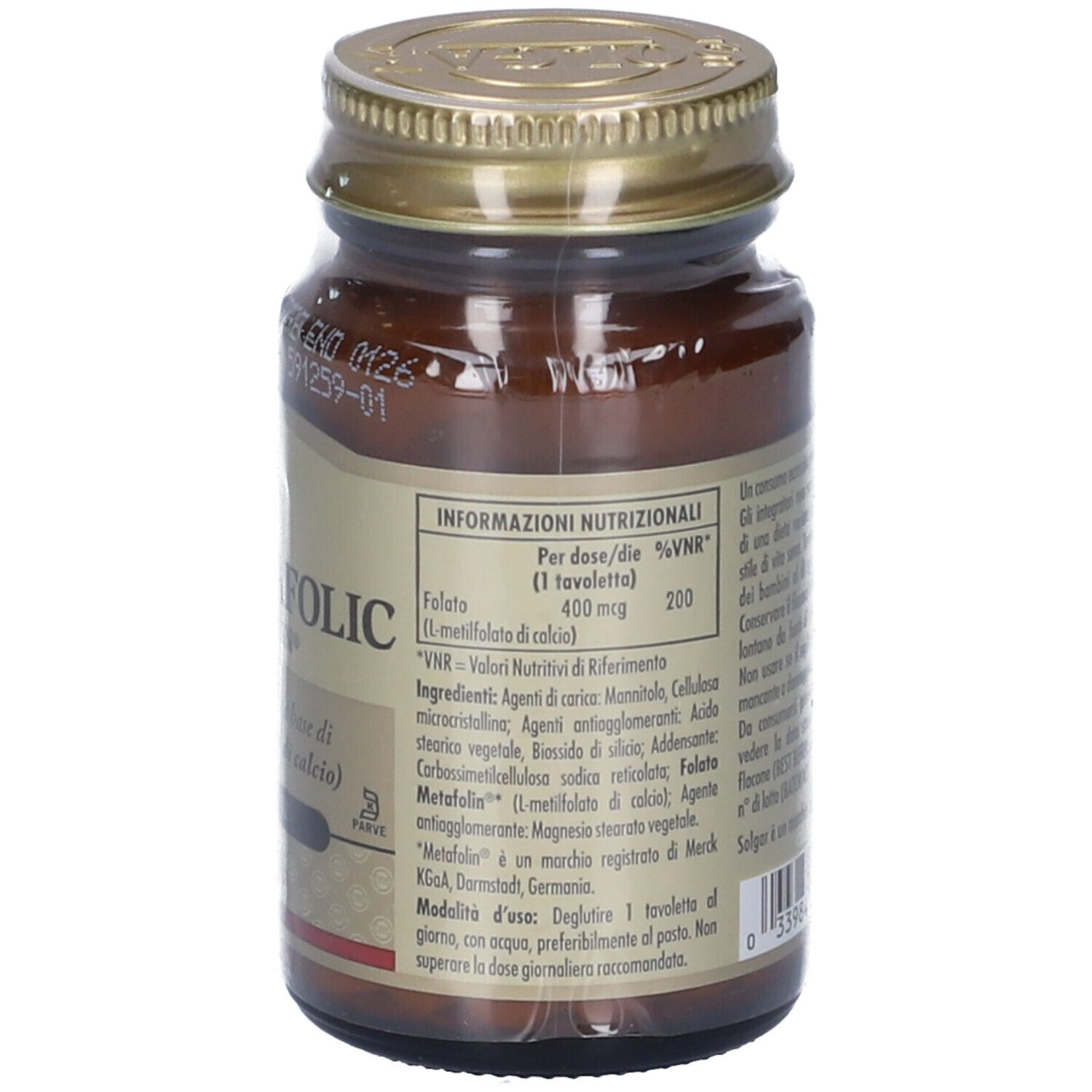 Retro di un flacone di vetro marrone con tappo dorato. Informazioni nutrizionali, ingredienti. Testo: METAFOLIC, Merck.