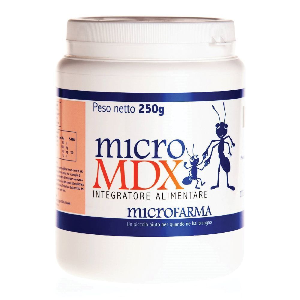 Contenitore bianco con etichetta blu e arancione. Scritta: Micro MDX, Integratore Alimentare, microfarma. Peso netto 250g.