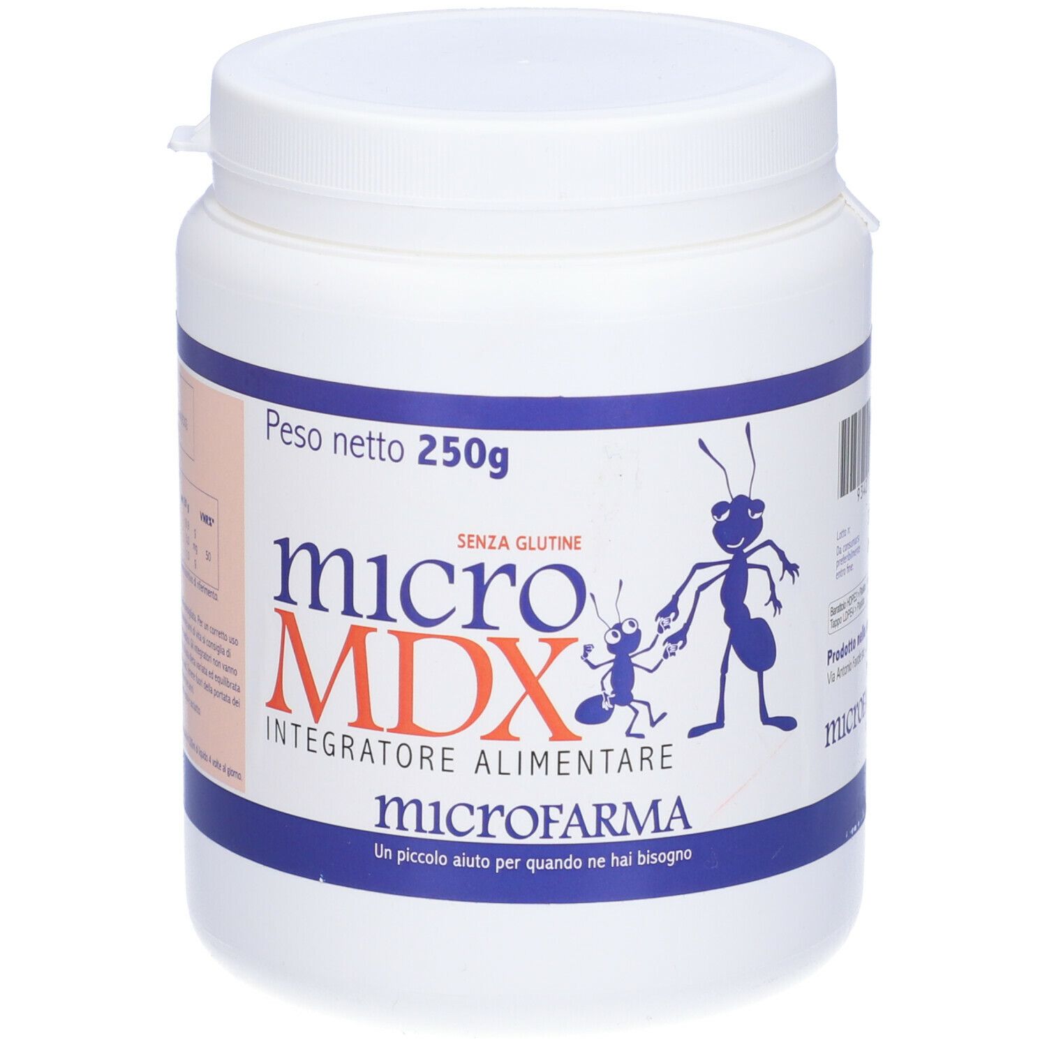 Contenitore bianco con etichetta blu e arancione. Scritta: Micro MDX, Integratore Alimentare, microfarma. Senza glutine.