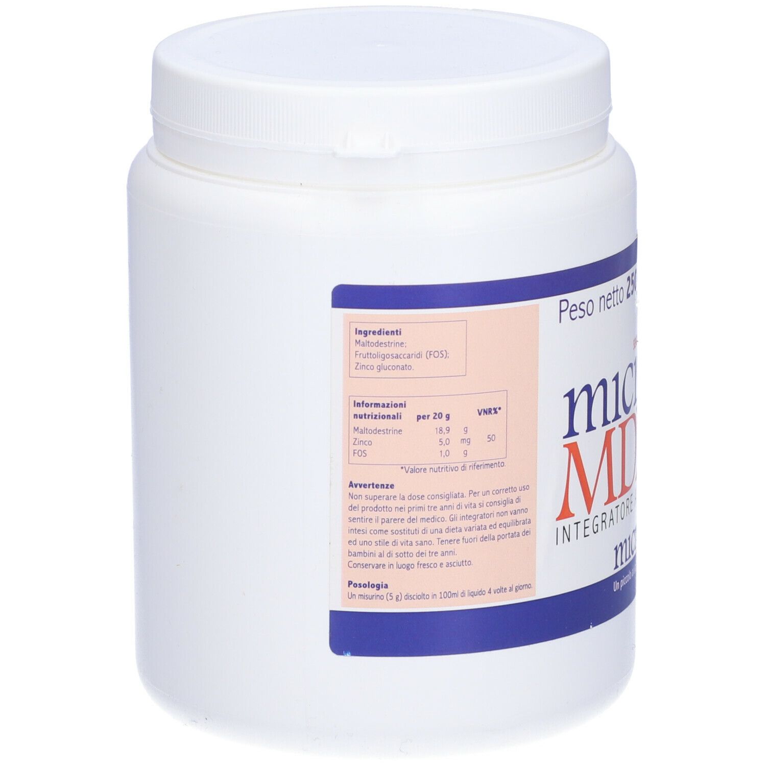 Contenitore bianco con etichetta. Scritta: Ingredienti, informazioni nutrizionali, avvertenze. Informazioni sul retro.