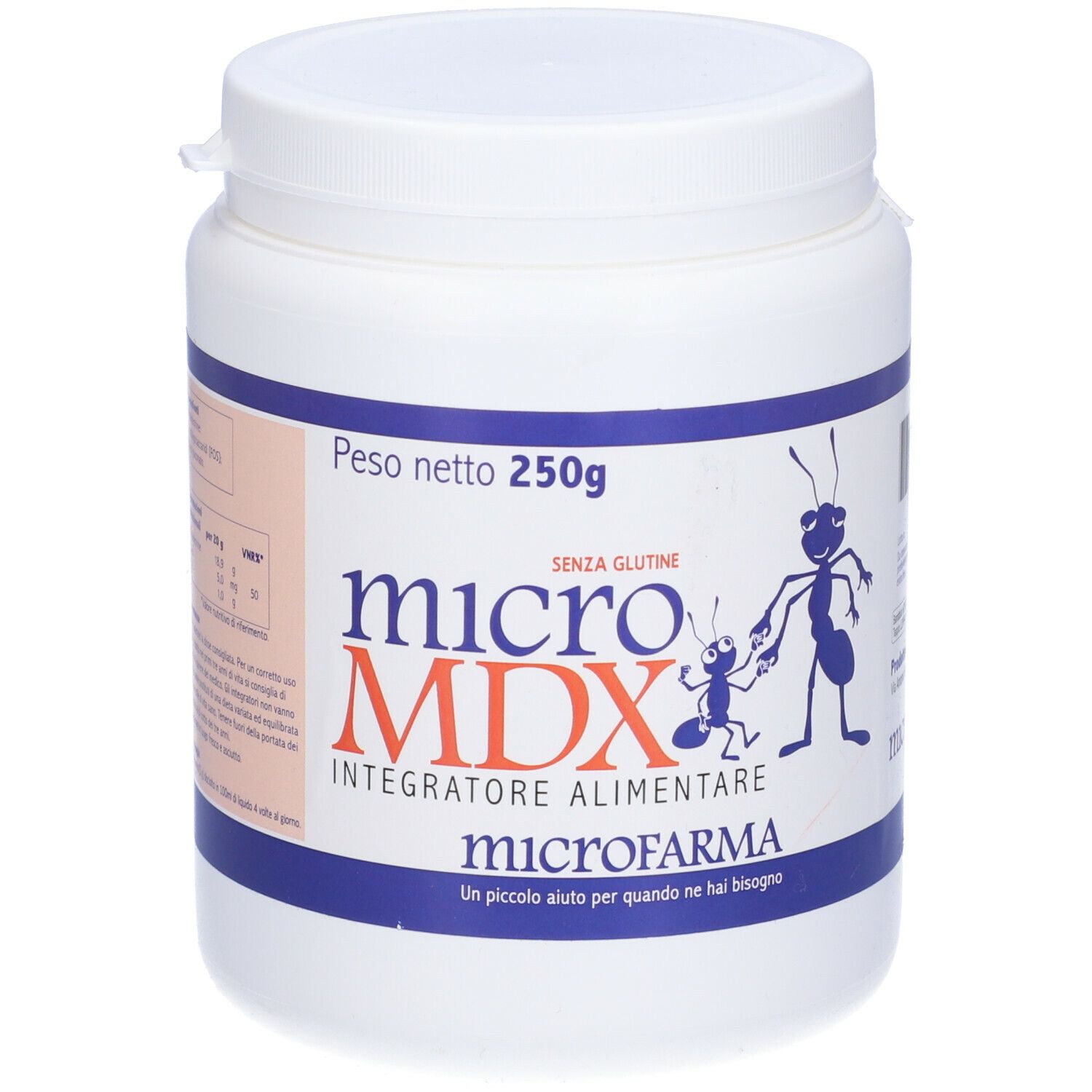 Contenitore bianco con etichetta blu e arancione. Scritta: Micro MDX, Integratore Alimentare, microfarma. Peso netto 250g.