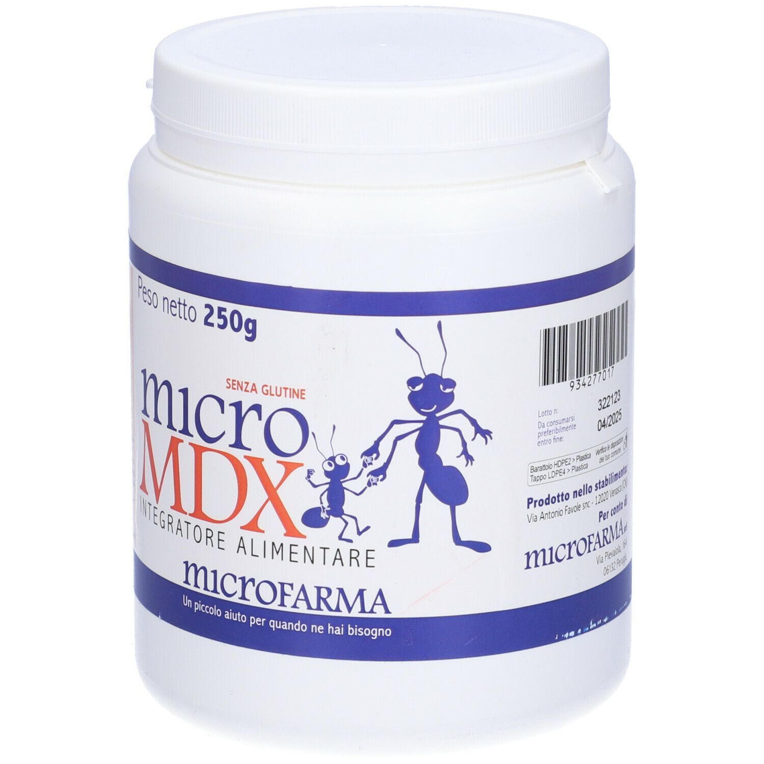 Contenitore bianco con etichetta blu e arancione. Scritta: Micro MDX, Integratore Alimentare, microfarma. 250g. Senza glutine.