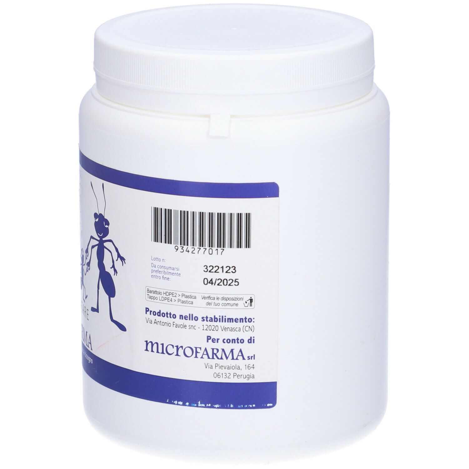 Contenitore bianco con etichetta. Scritta: Microfarma, codice a barre, data di produzione e scadenza. Informazioni sul retro.
