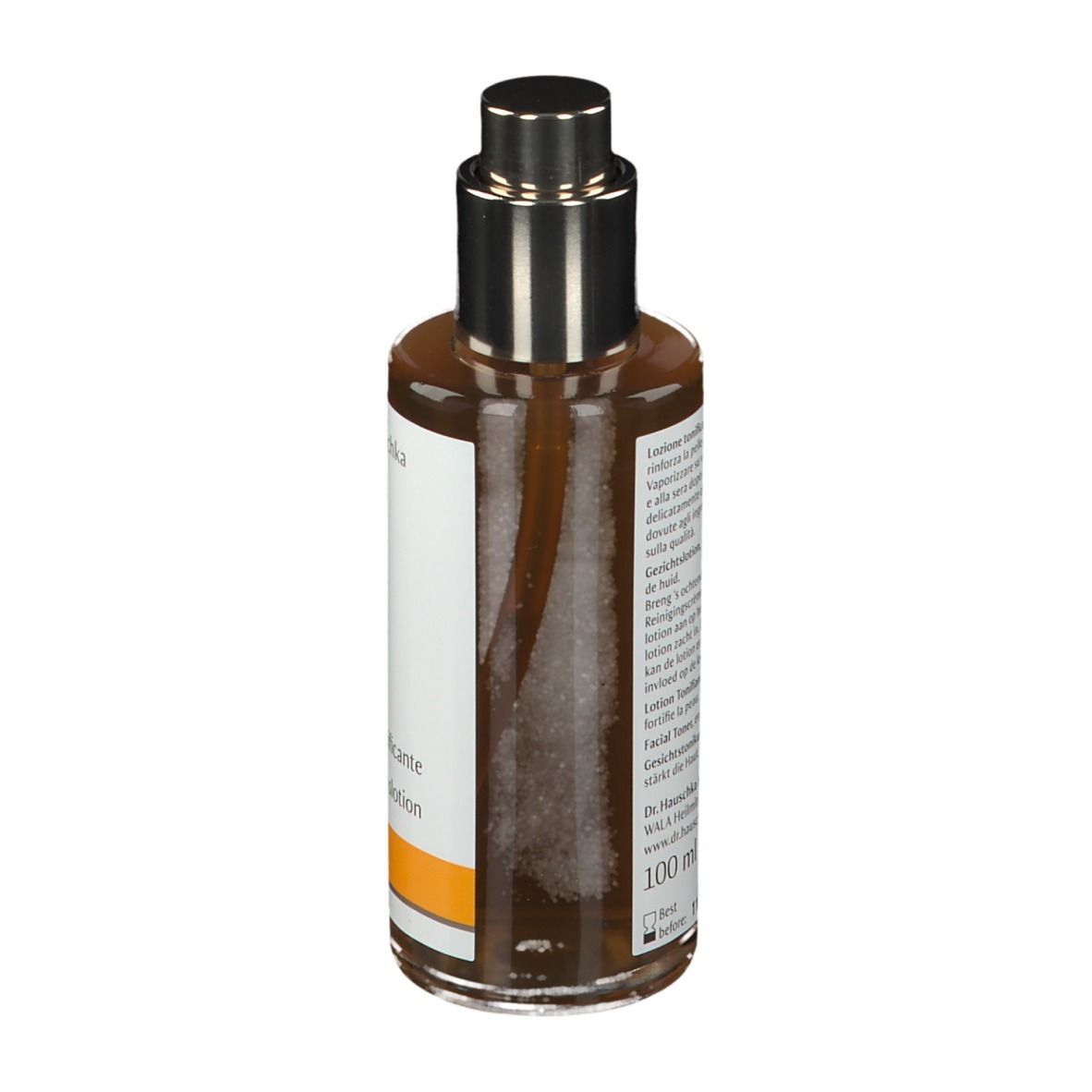 Flacone di vetro marrone con vaporizzatore. Testo sul retro. Marchio: Dr. Hauschka. Volume: 100 ml.