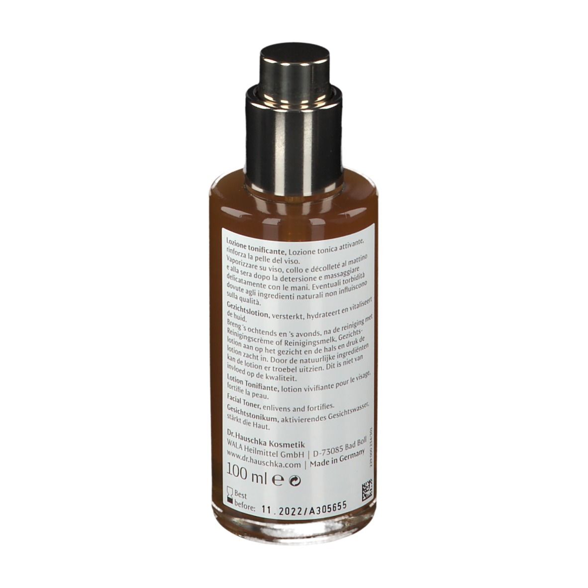 Flacone di vetro marrone con vaporizzatore. Testo sul retro. Marchio: Dr. Hauschka. Volume: 100 ml.