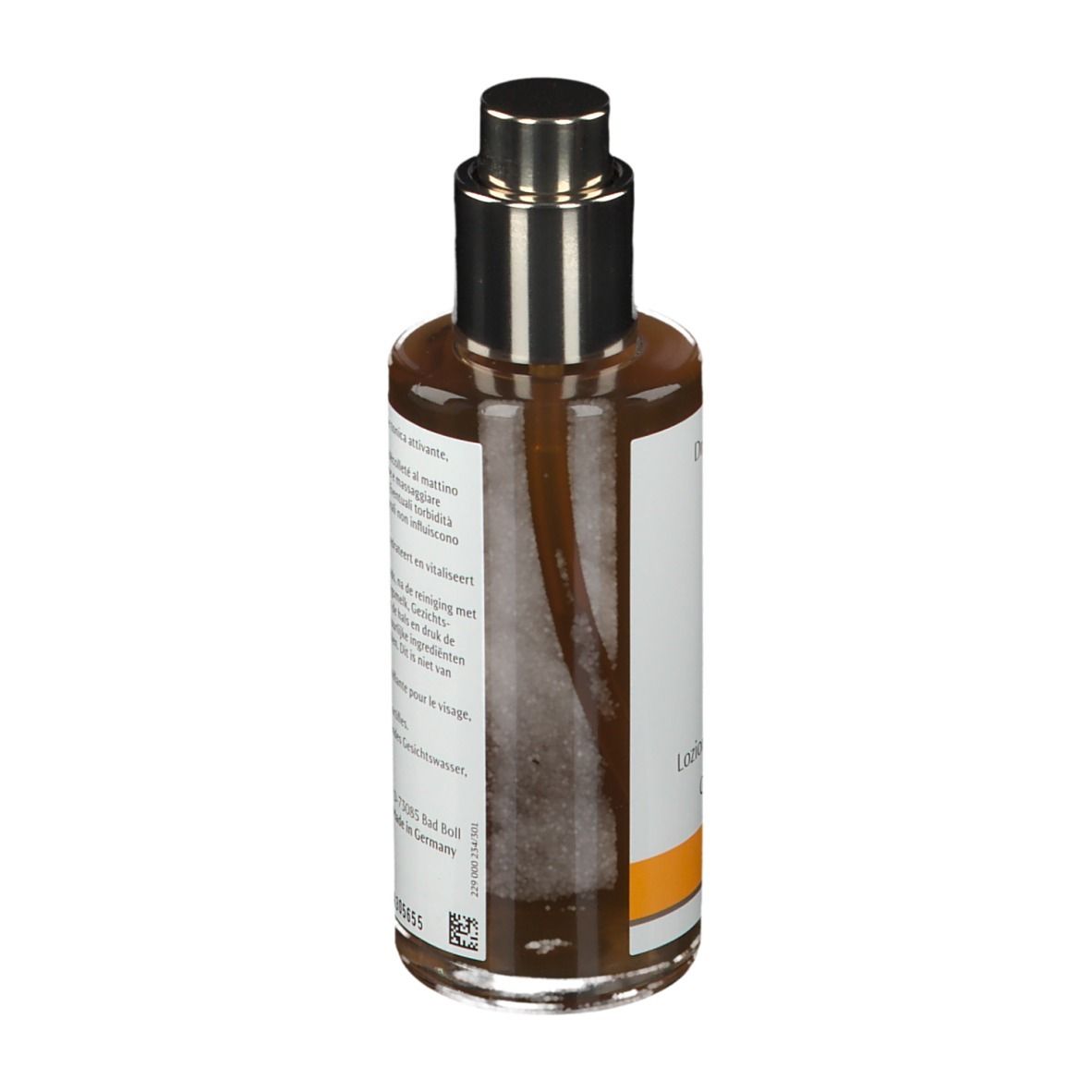 Flacone di vetro marrone con vaporizzatore. Etichetta con testo: Gesichtstonikum. Marchio: Dr. Hauschka.