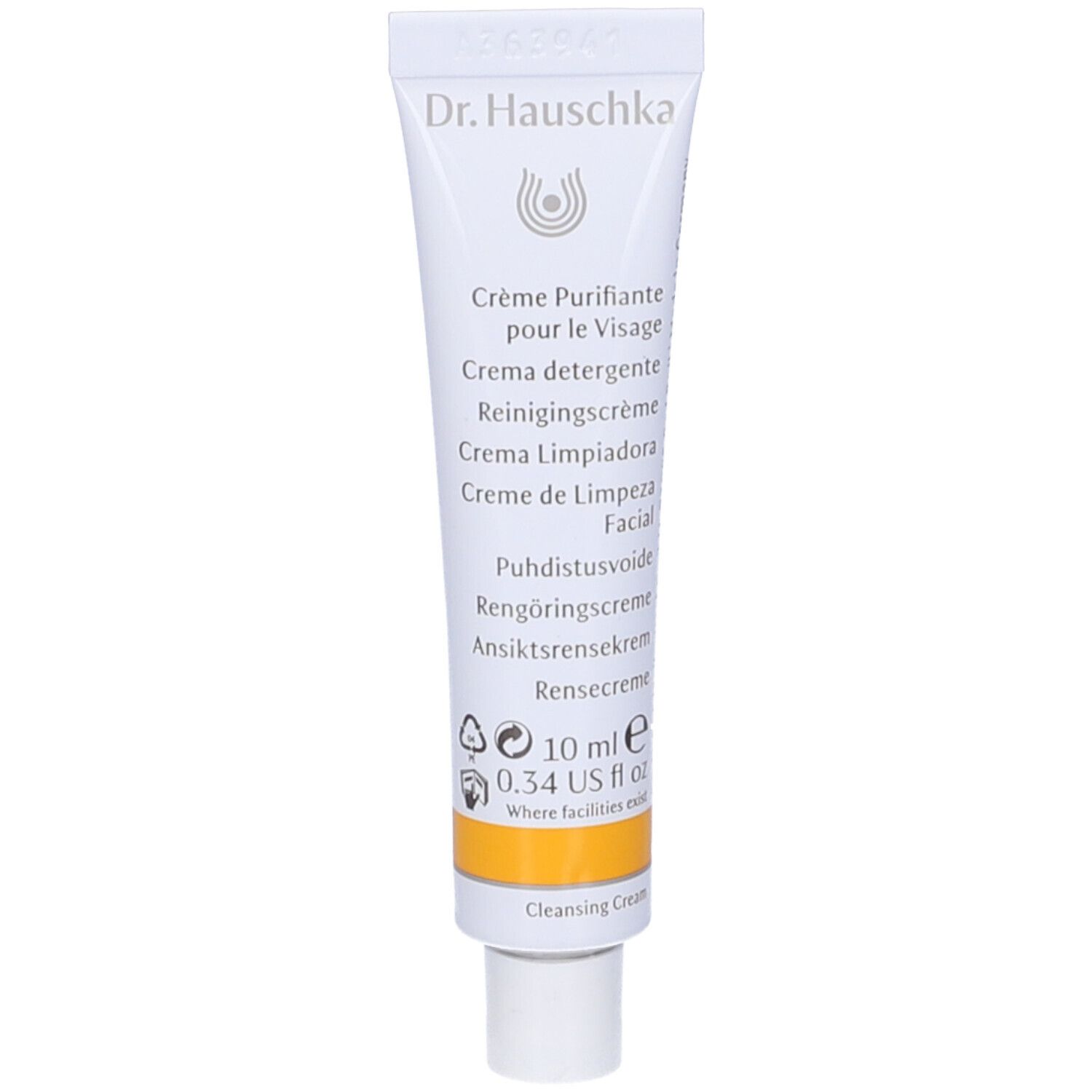 Tubo bianco con fascia gialla. Scritta: Crème Purifiante, 10 ml, Dr. Hauschka.