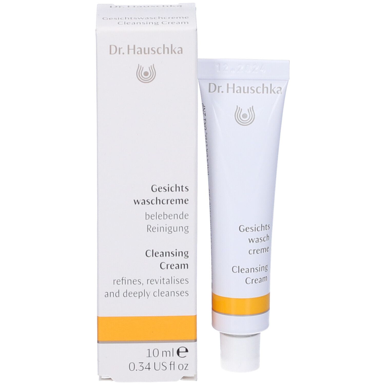 Prodotto e confezione. Tubo e scatola. Scritta: Dr. Hauschka, Gesichts Waschcreme, 10 ml.