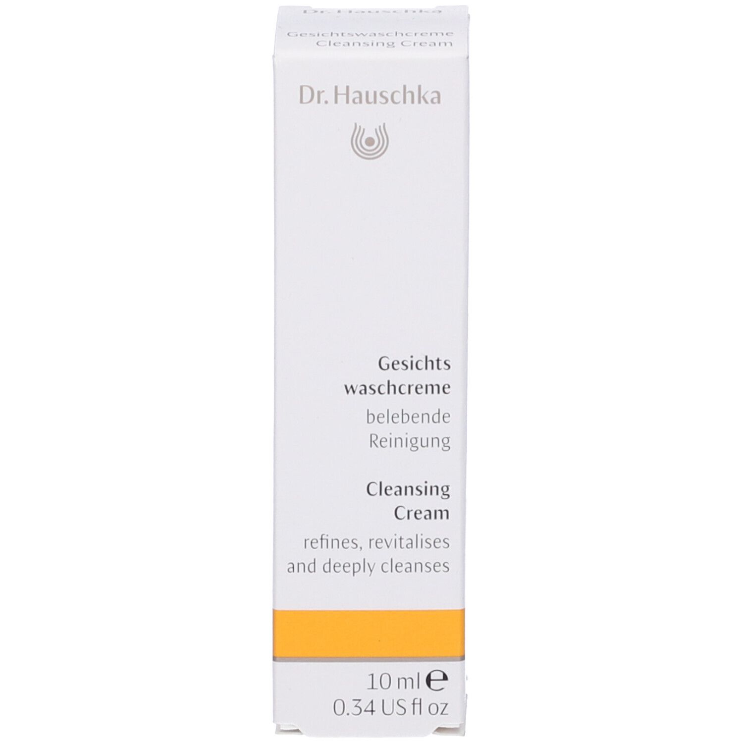 Confezione bianca con fascia gialla. Scritta: Dr. Hauschka, Gesichts Waschcreme, 10 ml.