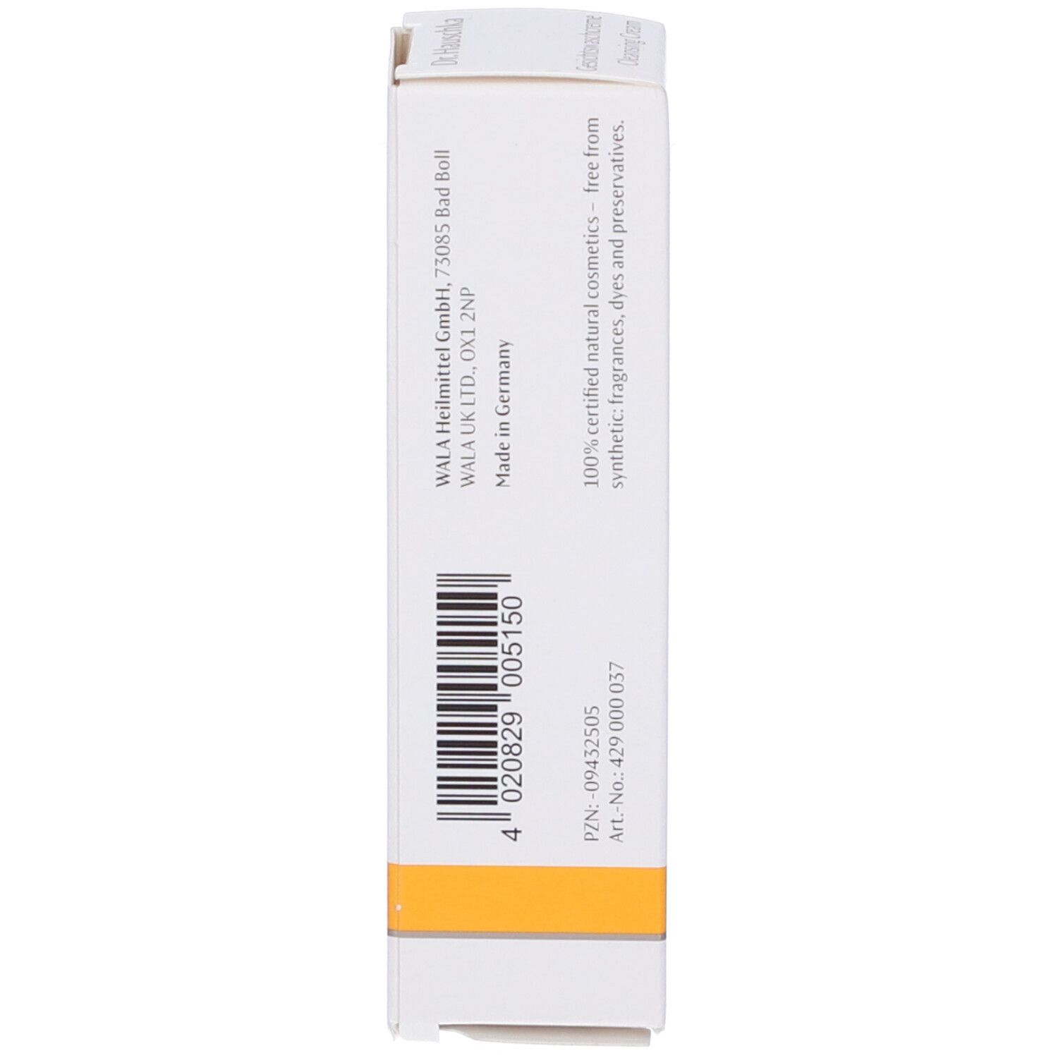 Retro della confezione. Codice a barre, indirizzo, ingredienti, cosmetici naturali al 100%.