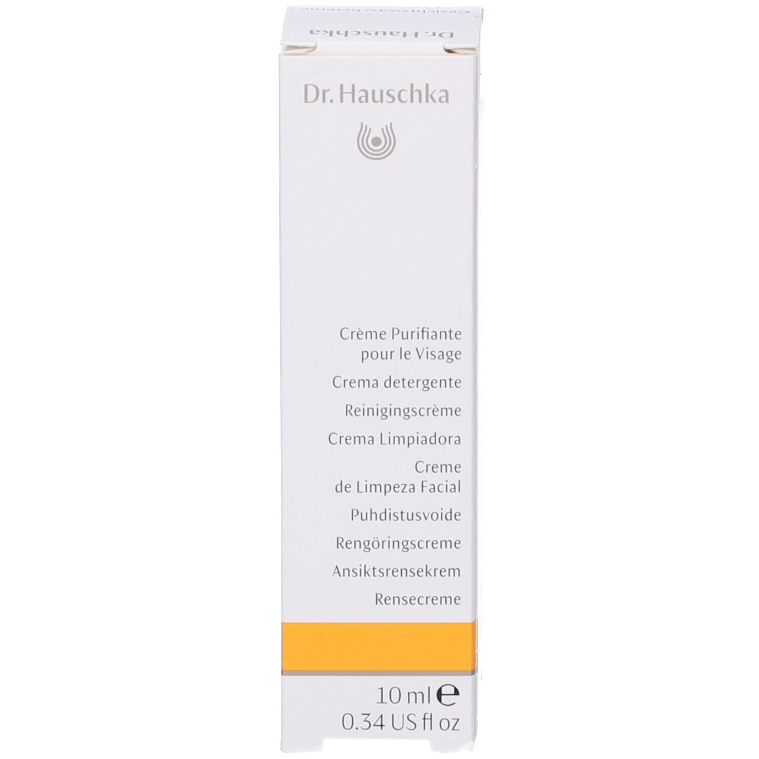 Confezione bianca con fascia gialla. Scritta: Crème Purifiante, 10 ml, Dr. Hauschka.