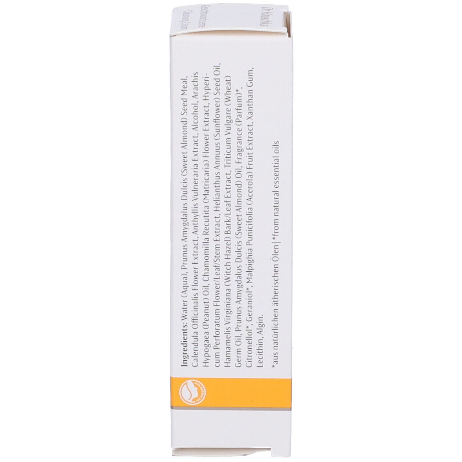 Confezione, ingredienti. Scritta: Acqua, olio di mandorle, calendula, ecc. Da oli essenziali naturali.