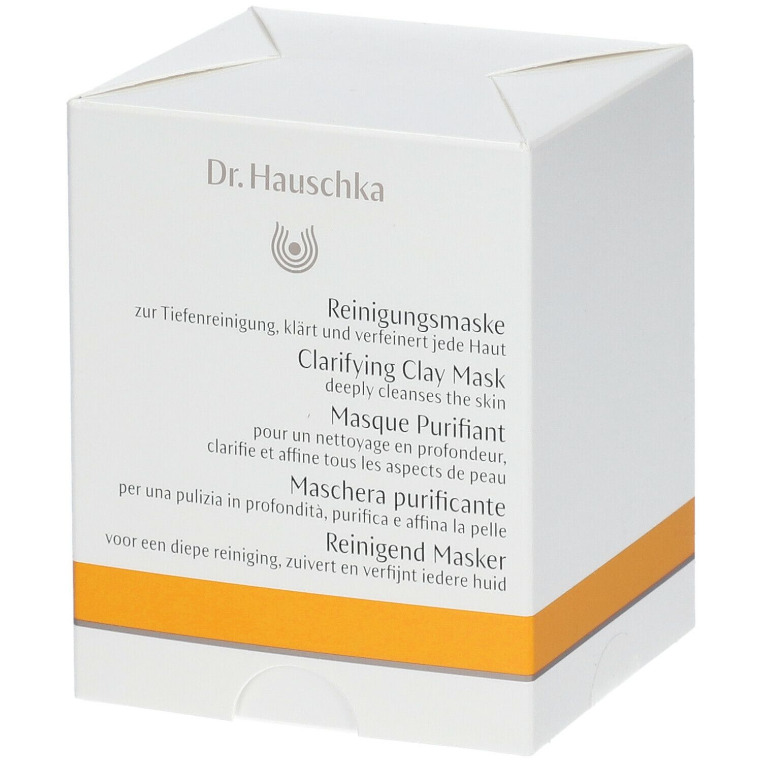 Scatola bianca Dr. Hauschka con testo in tedesco, inglese, francese, italiano e olandese. Striscia arancione.