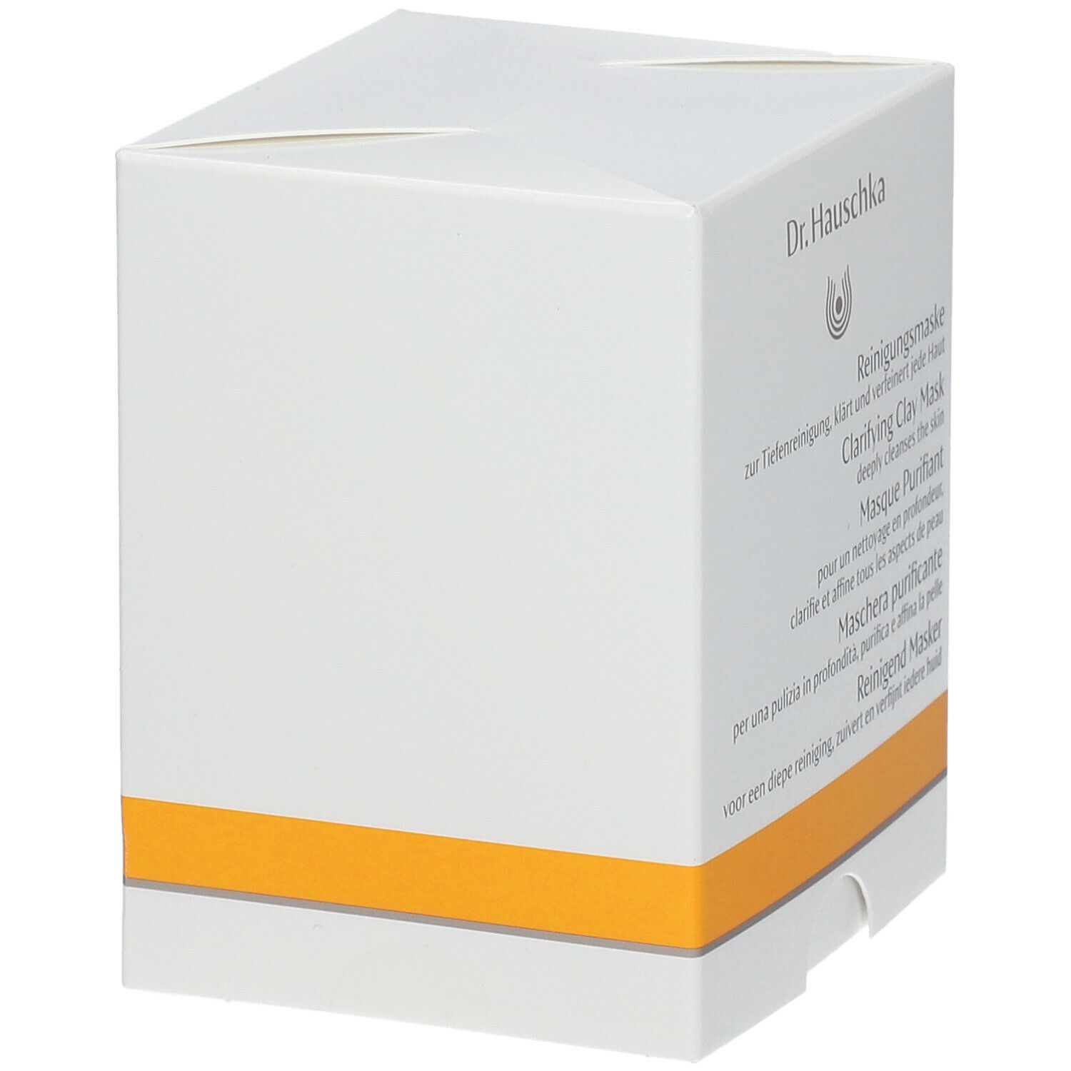 Scatola bianca Dr. Hauschka con testo in tedesco, inglese, francese, italiano e olandese. Striscia arancione.