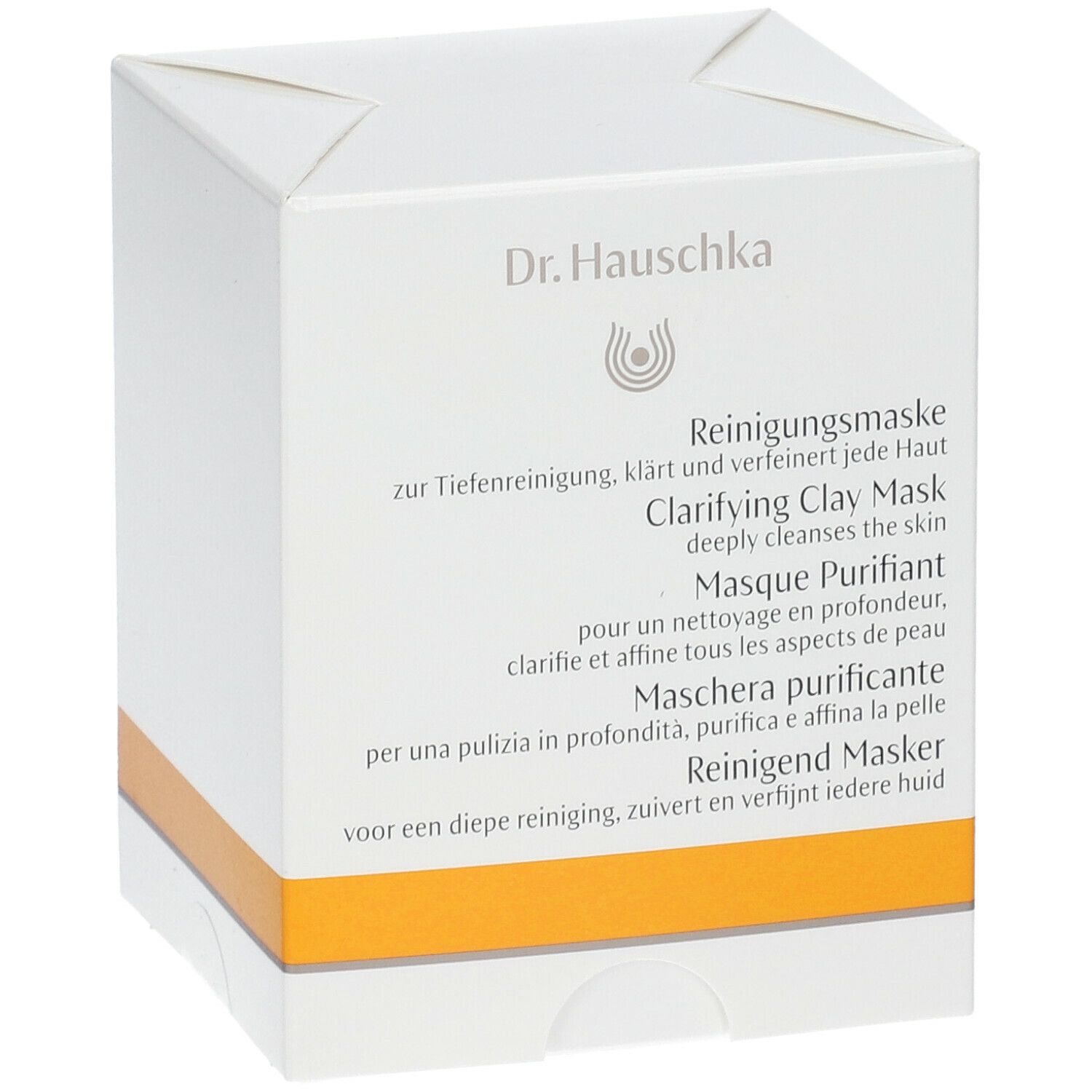 Scatola bianca Dr. Hauschka con testo in tedesco, inglese, francese, italiano e olandese. Striscia arancione.