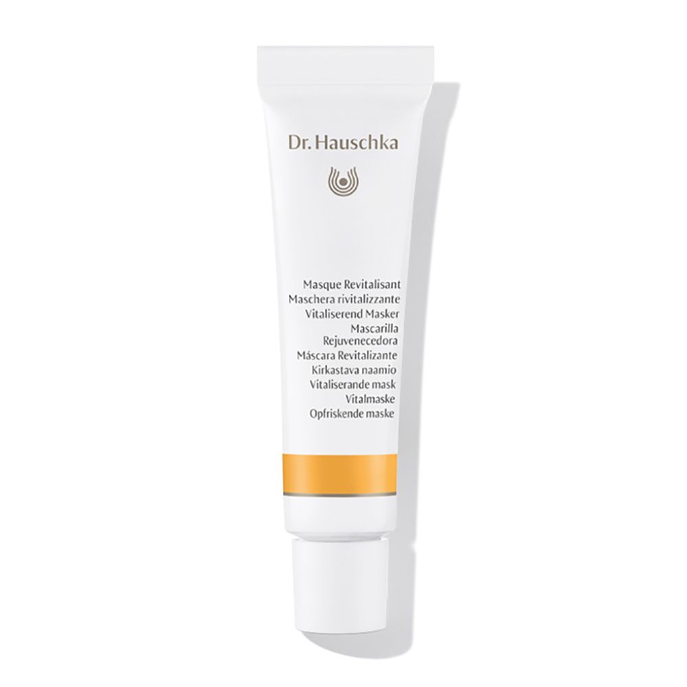 Tubo bianco con fascia gialla. Scritta: Dr. Hauschka, Masque Revitalisant.