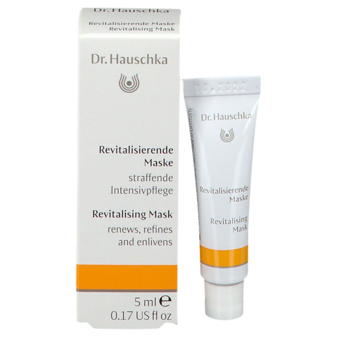 Confezione e tubo. Scritta: Dr. Hauschka, Revitalisierende Maske. 5 ml, 0.17 US fl oz.