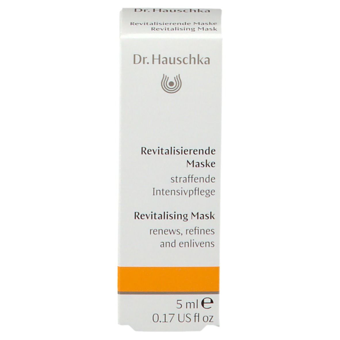 Confezione in cartone. Scritta: Dr. Hauschka, Revitalisierende Maske. 5 ml, 0.17 US fl oz.