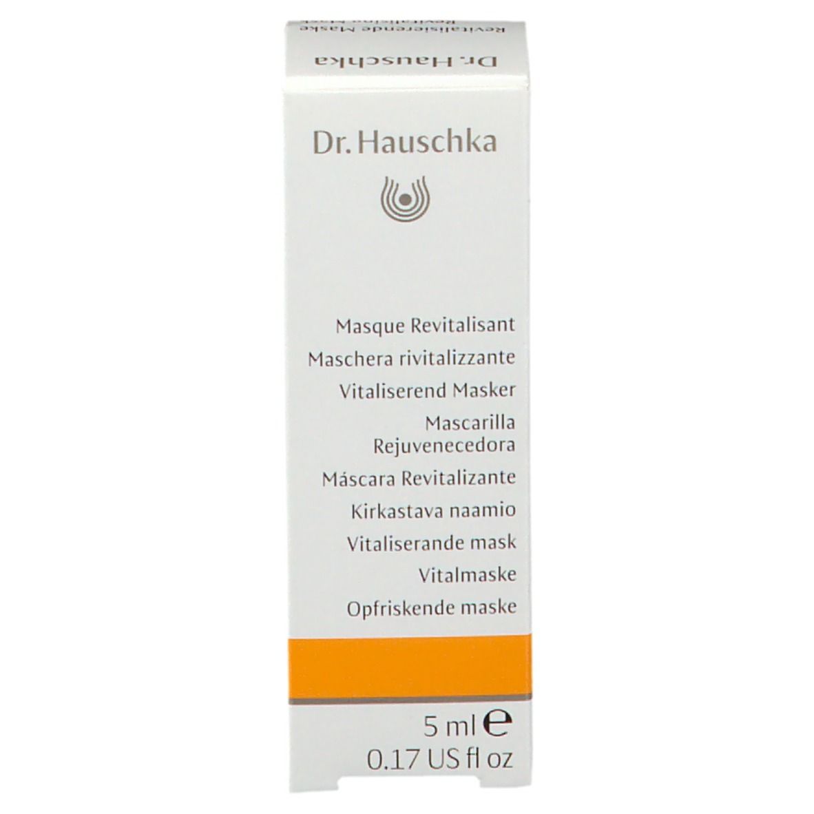 Confezione in cartone. Scritta: Dr. Hauschka, Masque Revitalisant. 5 ml, 0.17 US fl oz.