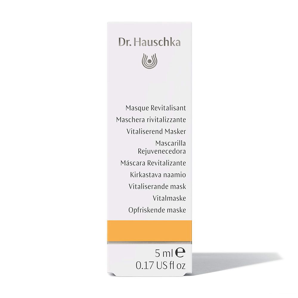Confezione in cartone. Scritta: Dr. Hauschka, Masque Revitalisant. 5 ml, 0.17 US fl oz.