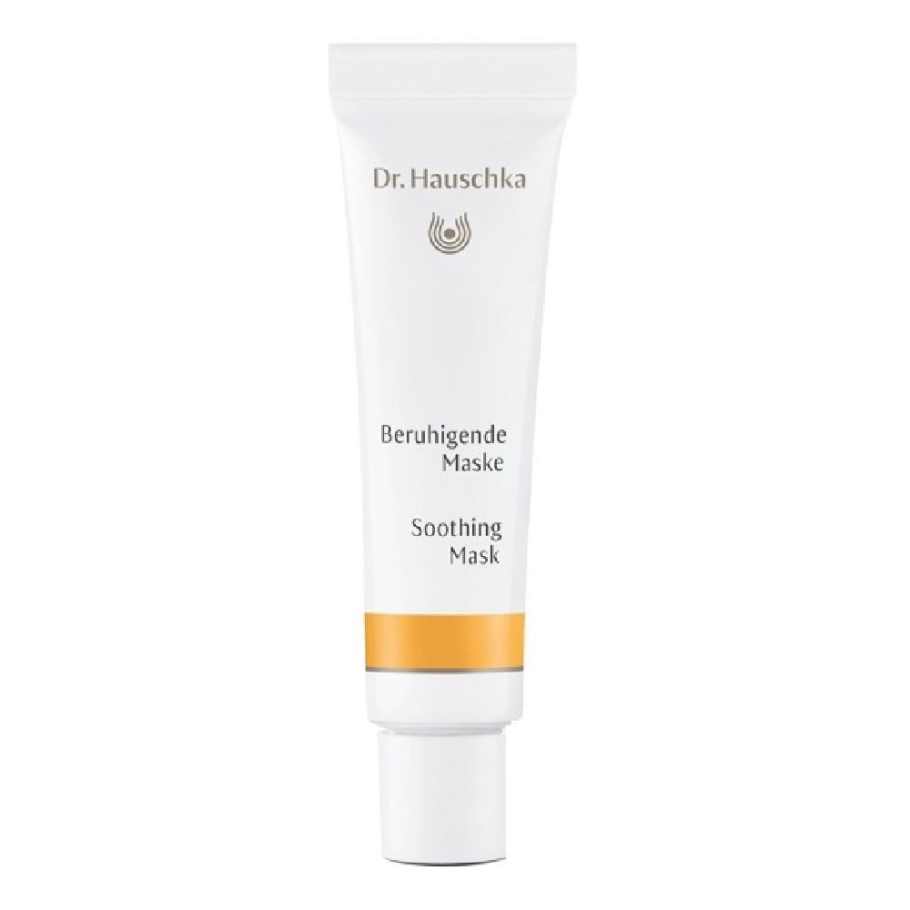 Tubo bianco con prodotto. Scritta: Dr. Hauschka, Beruhigende Maske, Soothing Mask. Striscia gialla.