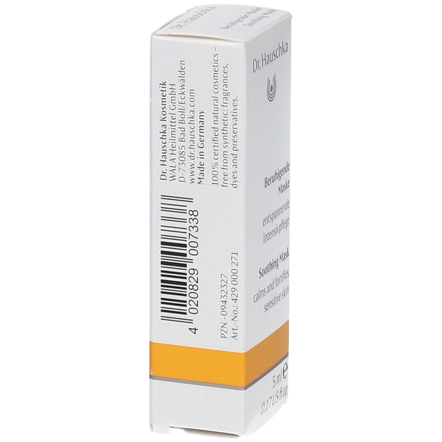 Scatola con prodotto. Scritta: Dr. Hauschka, Beruhigende Maske, Soothing Mask. 5 ml. Striscia gialla. Retro.